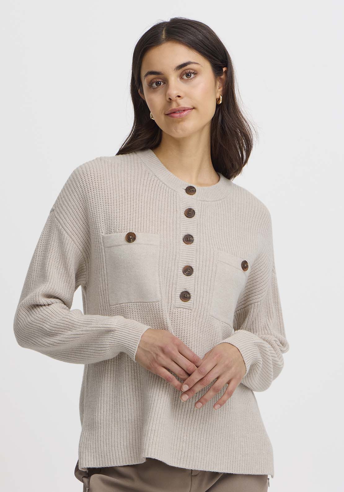 Fransa Long Sleeve Knit Pullover - Limestone Melange 2 Shaws Department Stores