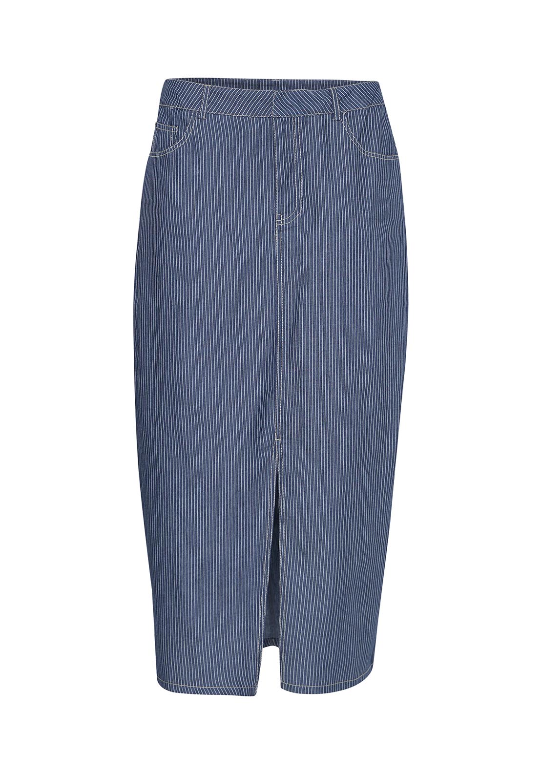 Fransa Casual Skirt - Mid Blue Striped Denim 8 Shaws Department Stores