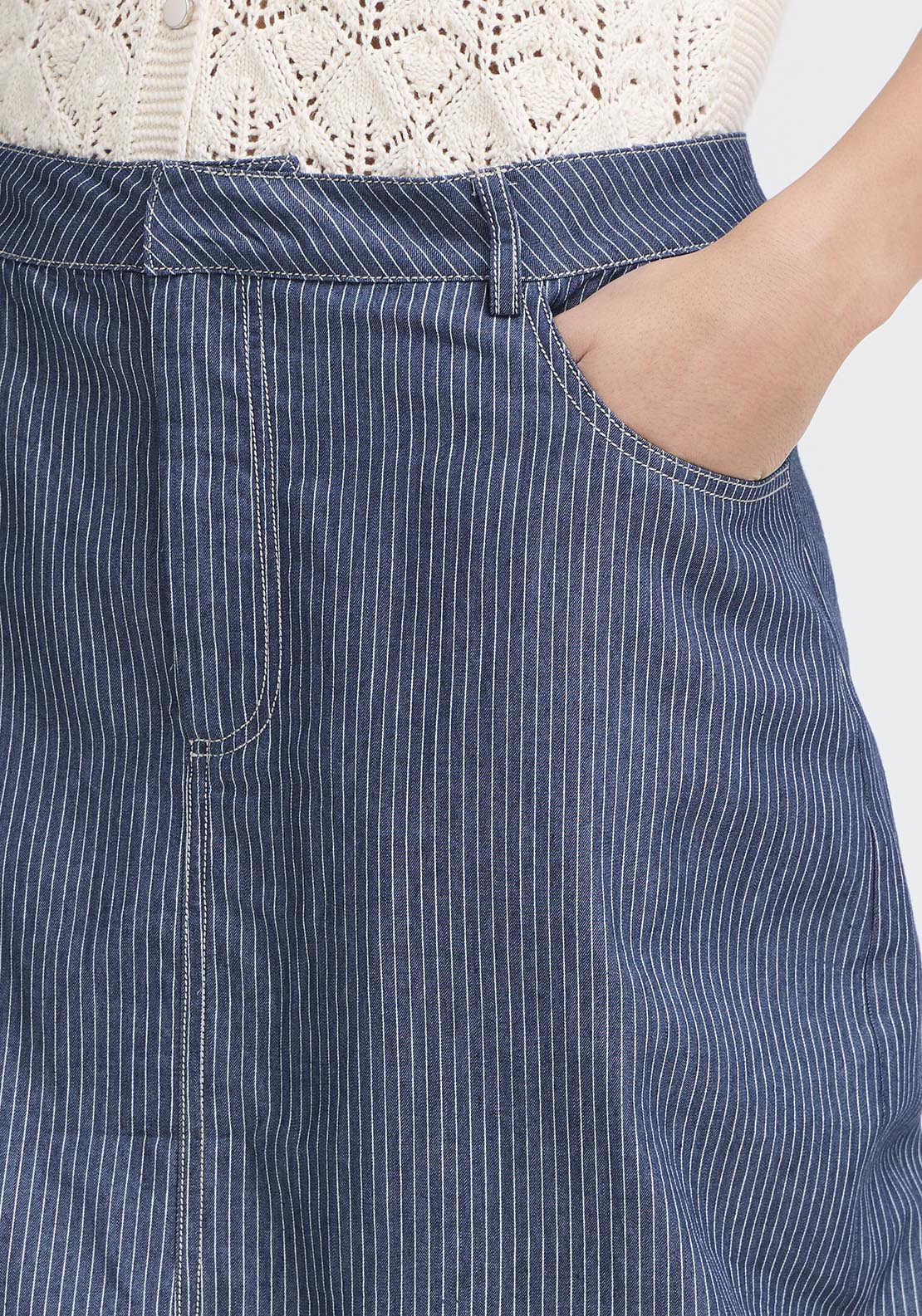 Fransa Casual Skirt - Mid Blue Striped Denim 4 Shaws Department Stores