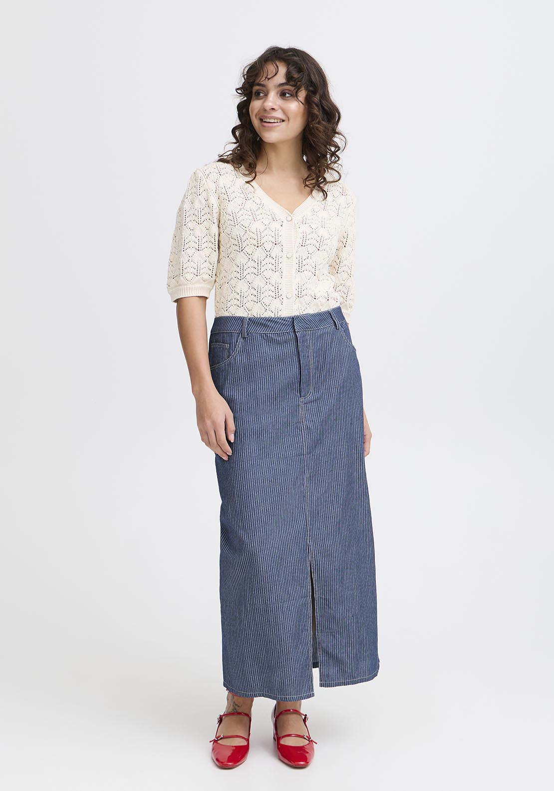 Fransa Casual Skirt - Mid Blue Striped Denim 1 Shaws Department Stores