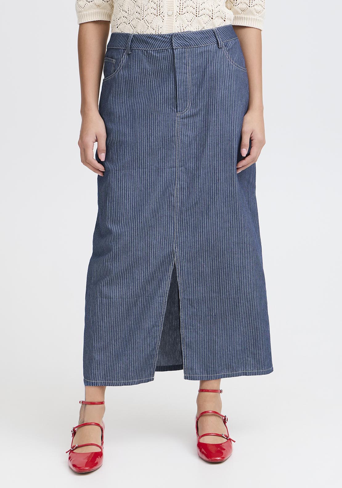 Fransa Casual Skirt - Mid Blue Striped Denim 2 Shaws Department Stores