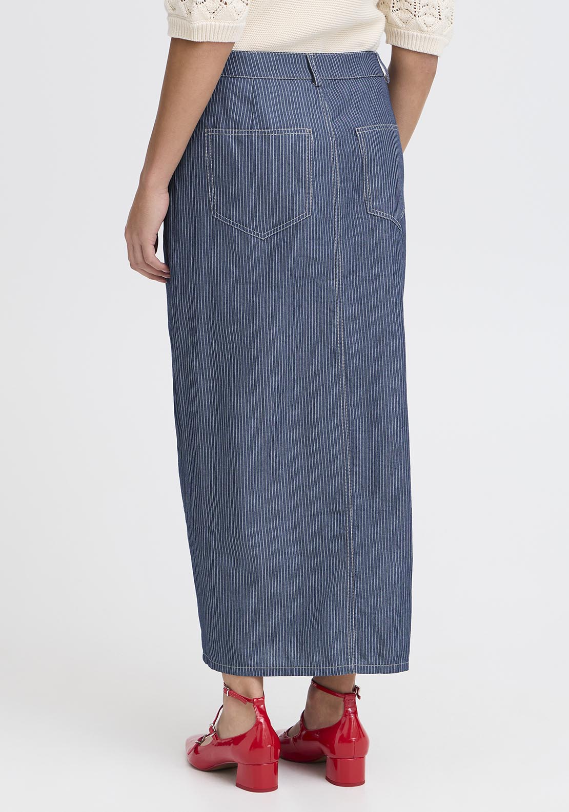 Fransa Casual Skirt - Mid Blue Striped Denim 3 Shaws Department Stores