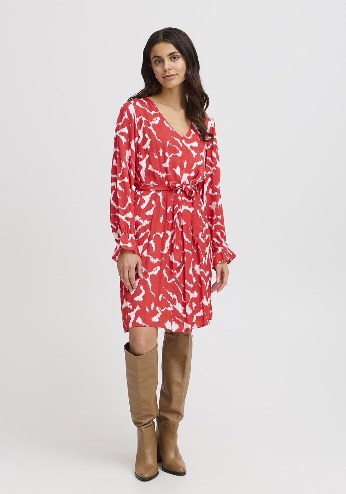 Fransa Casual Long Sleeve Light Woven Dress - Red 1 Shaws Department Stores