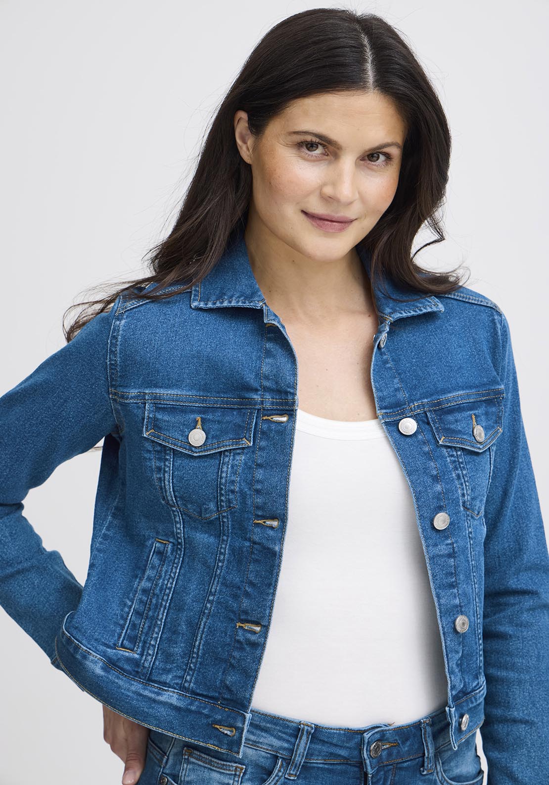 Fransa Casual Long Sleeve Denim Jacket - Mid Blue Denim 3 Shaws Department Stores