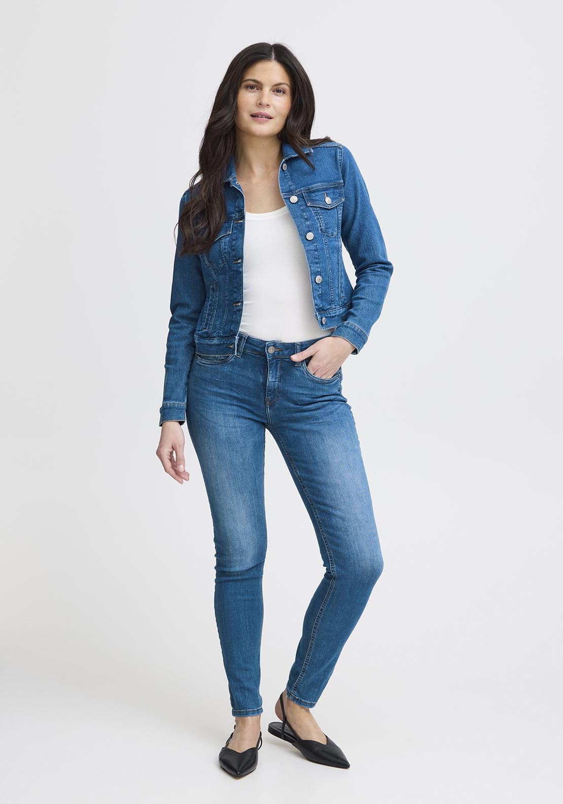 Fransa Casual Long Sleeve Denim Jacket - Mid Blue Denim 2 Shaws Department Stores