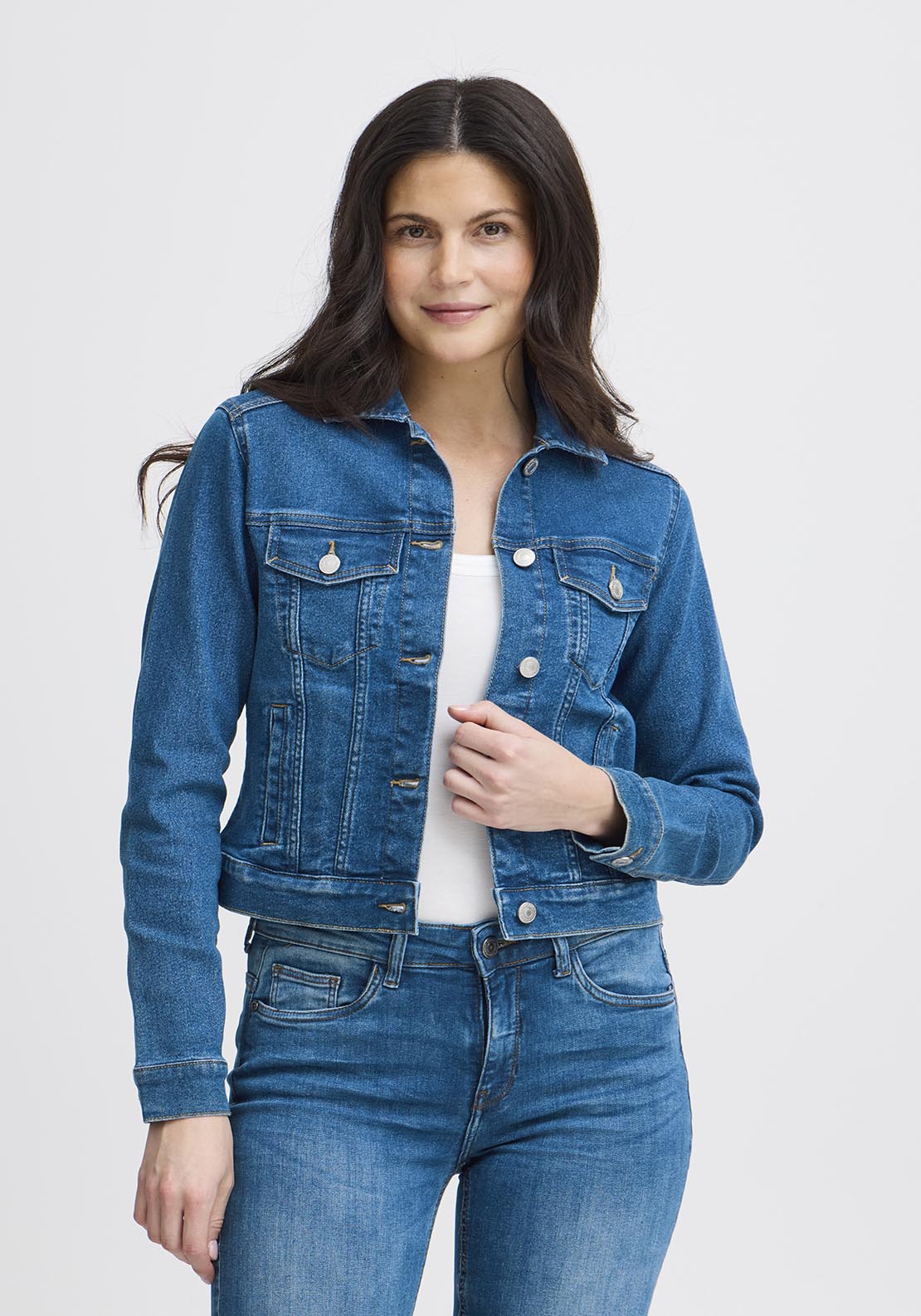 Fransa Casual Long Sleeve Denim Jacket - Mid Blue Denim 1 Shaws Department Stores