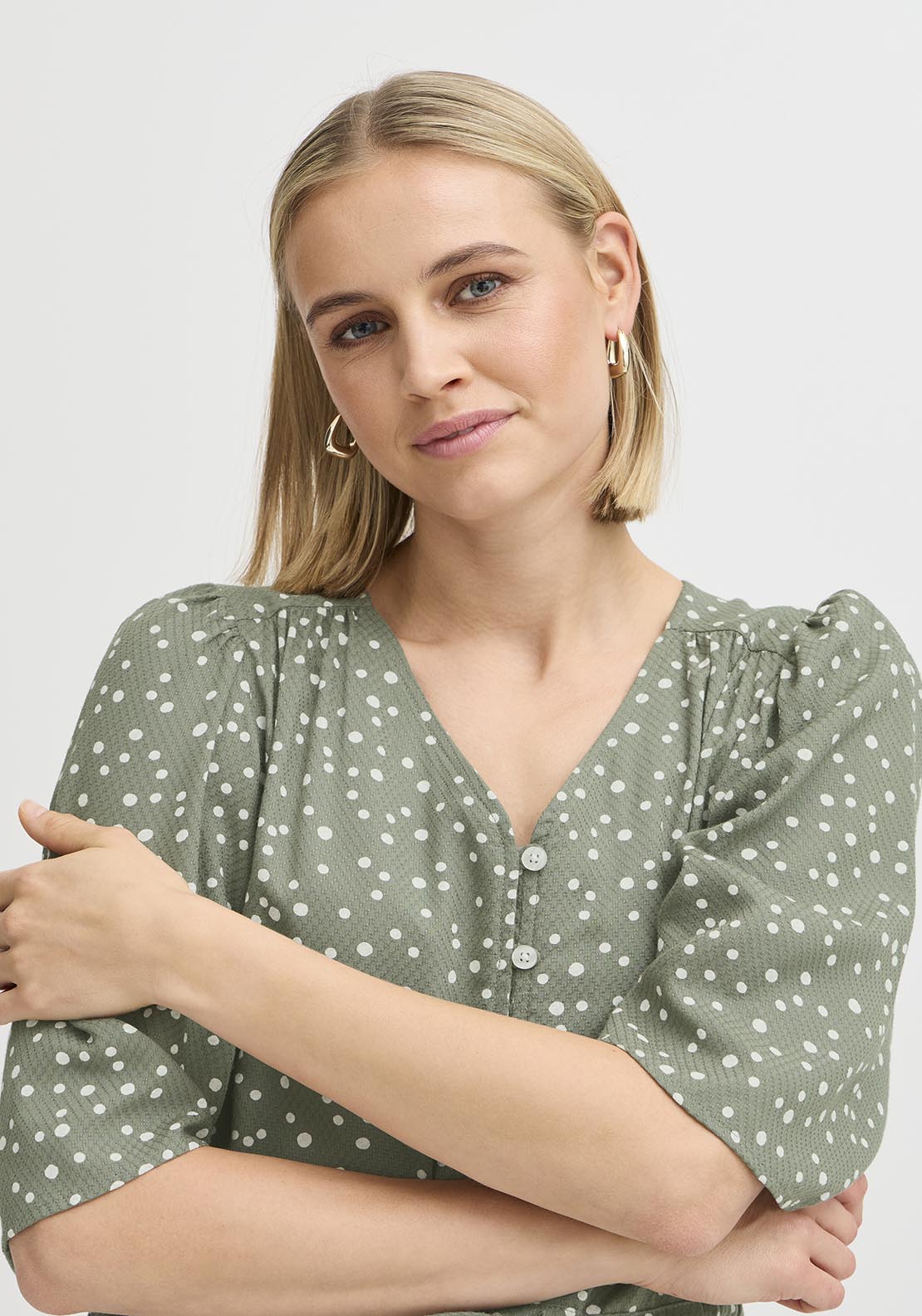 Fransa Casual Flared Sleeve Light Woven Dress - Agave Green Mix 5 Shaws Department Stores