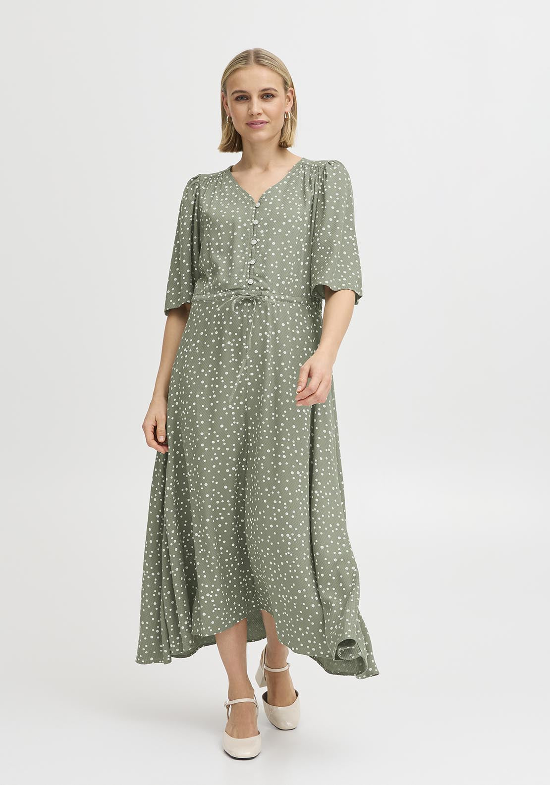 Fransa Casual Flared Sleeve Light Woven Dress - Agave Green Mix 1 Shaws Department Stores