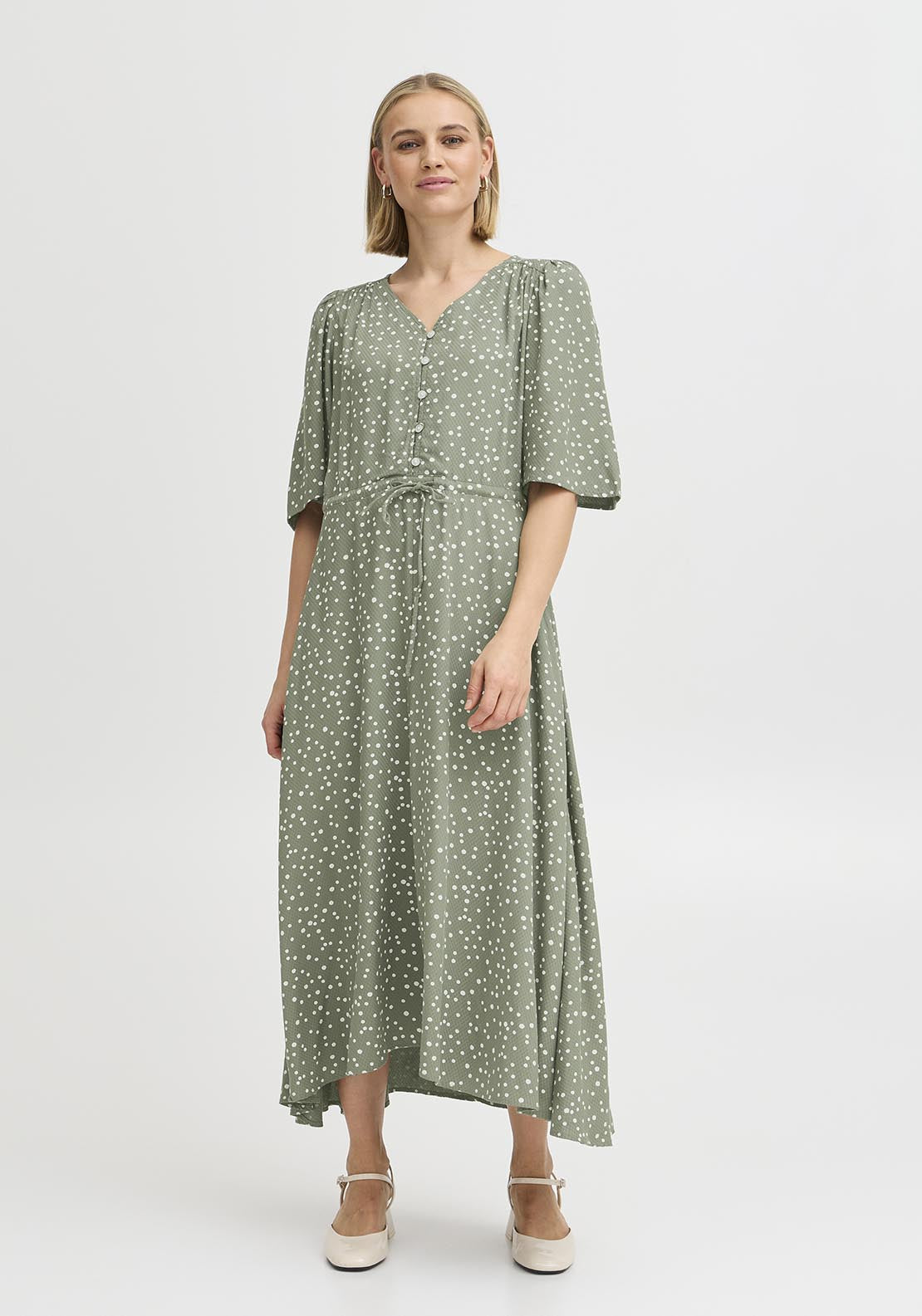 Fransa Casual Flared Sleeve Light Woven Dress - Agave Green Mix 2 Shaws Department Stores