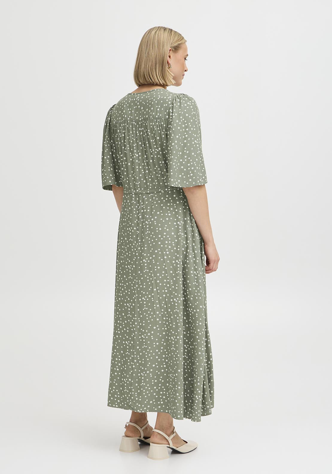 Fransa Casual Flared Sleeve Light Woven Dress - Agave Green Mix 4 Shaws Department Stores
