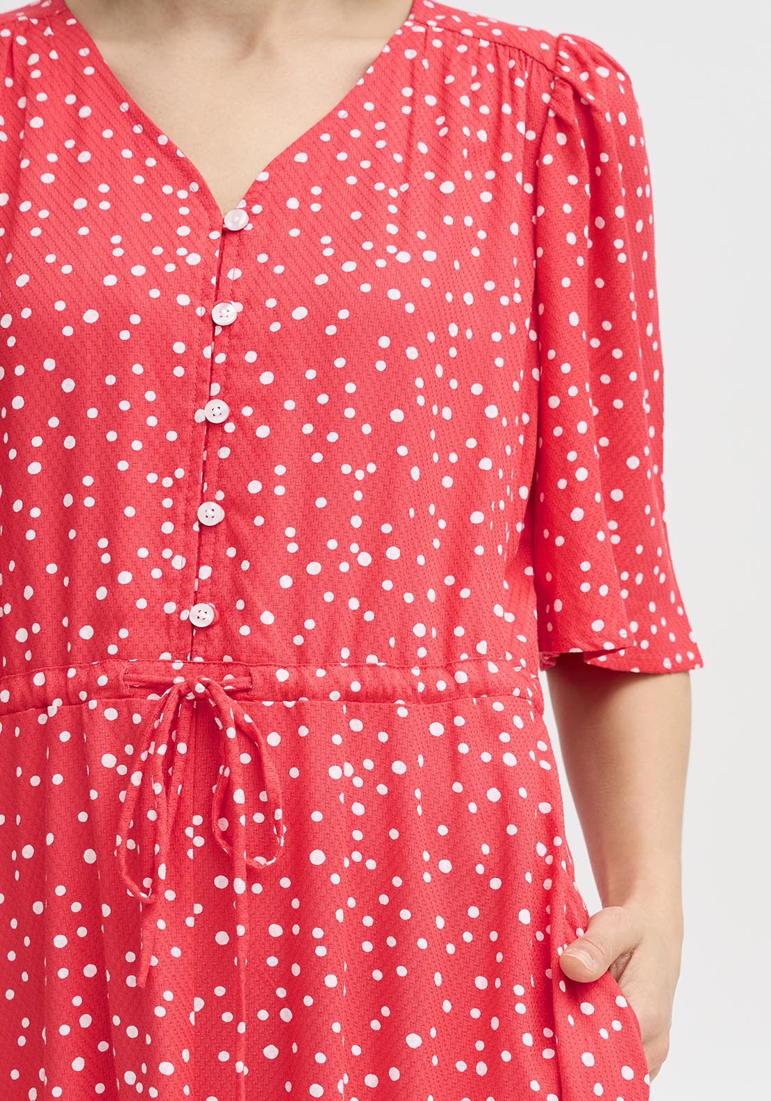 Fransa Casual Flared Sleeve Light Woven Dress - Red 7 Shaws Department Stores