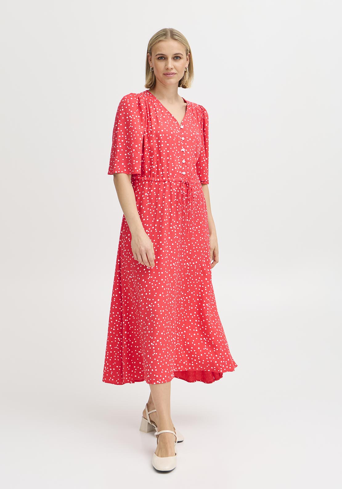 Fransa Casual Flared Sleeve Light Woven Dress - Red 4 Shaws Department Stores