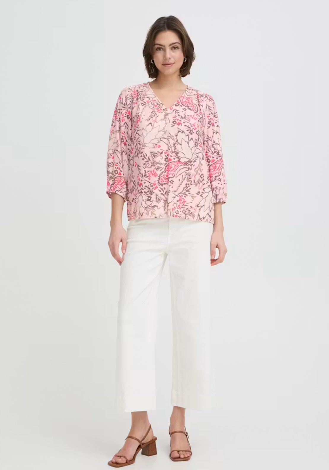 Fransa Floral V-Neck Blouse - Femi Bouquet Lotus 5 Shaws Department Stores