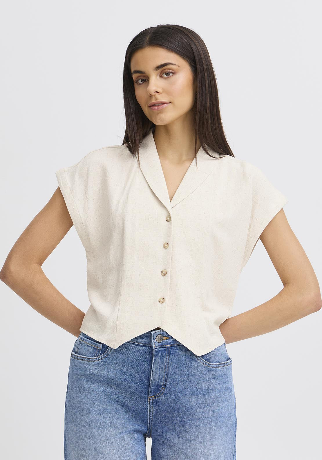 Fransa Casual Cap Sleeve Shirt - Whisper White Melange 4 Shaws Department Stores