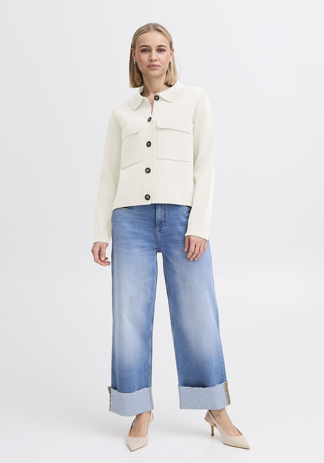 Fransa Casual Long Sleeve Knit Cardigan - Whisper White 2 Shaws Department Stores