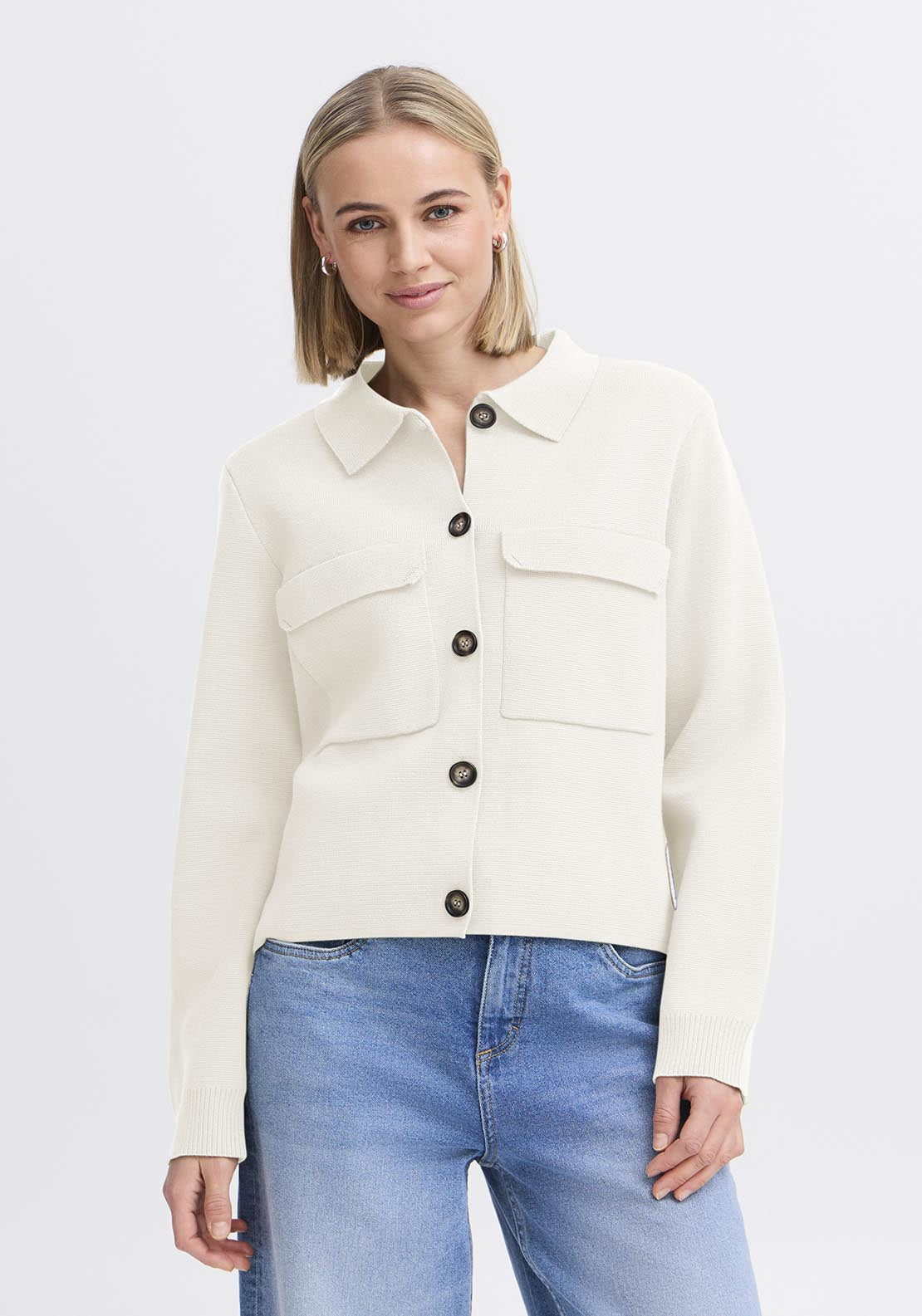 Fransa Casual Long Sleeve Knit Cardigan - Whisper White 1 Shaws Department Stores