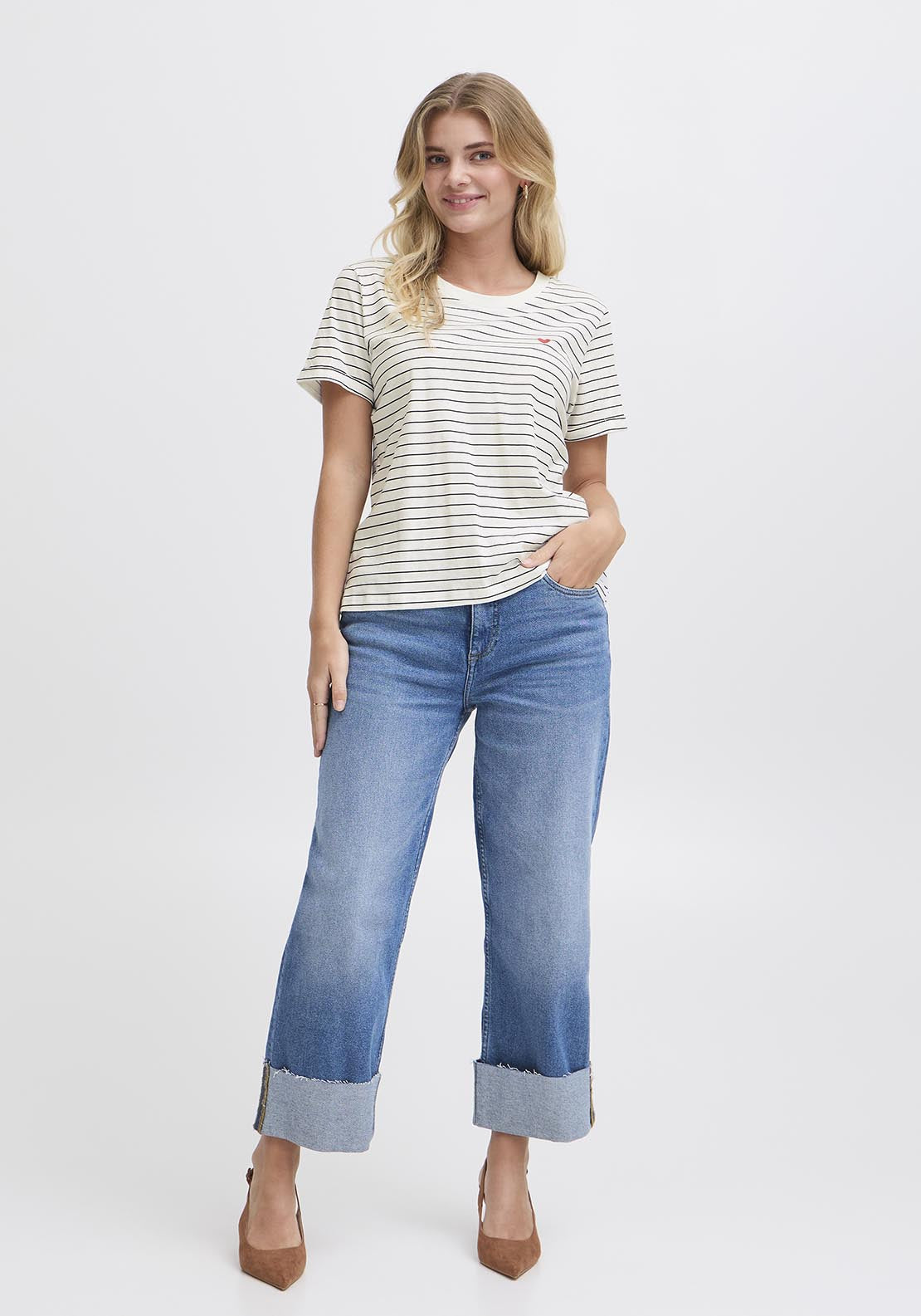 Fransa Casual Short Sleeve T-Shirt - White Stripe 1 Shaws Department Stores