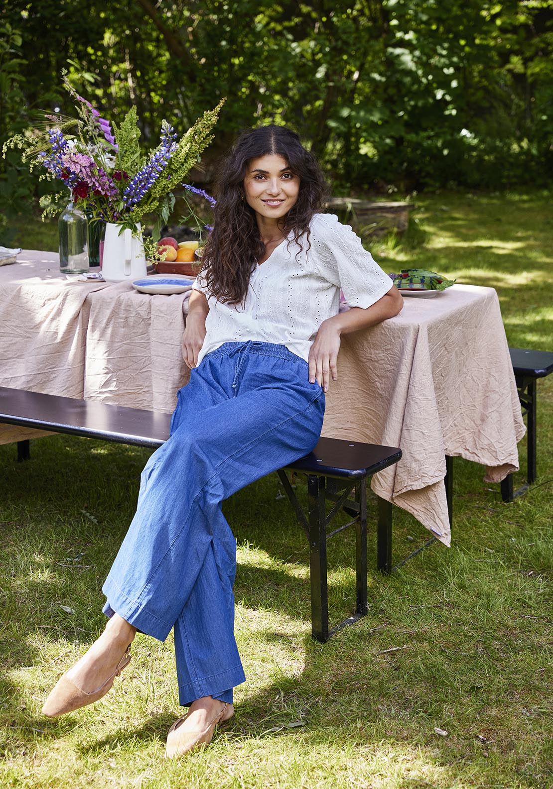 Fransa Casual Trousers - Mid Blue Denim 4 Shaws Department Stores