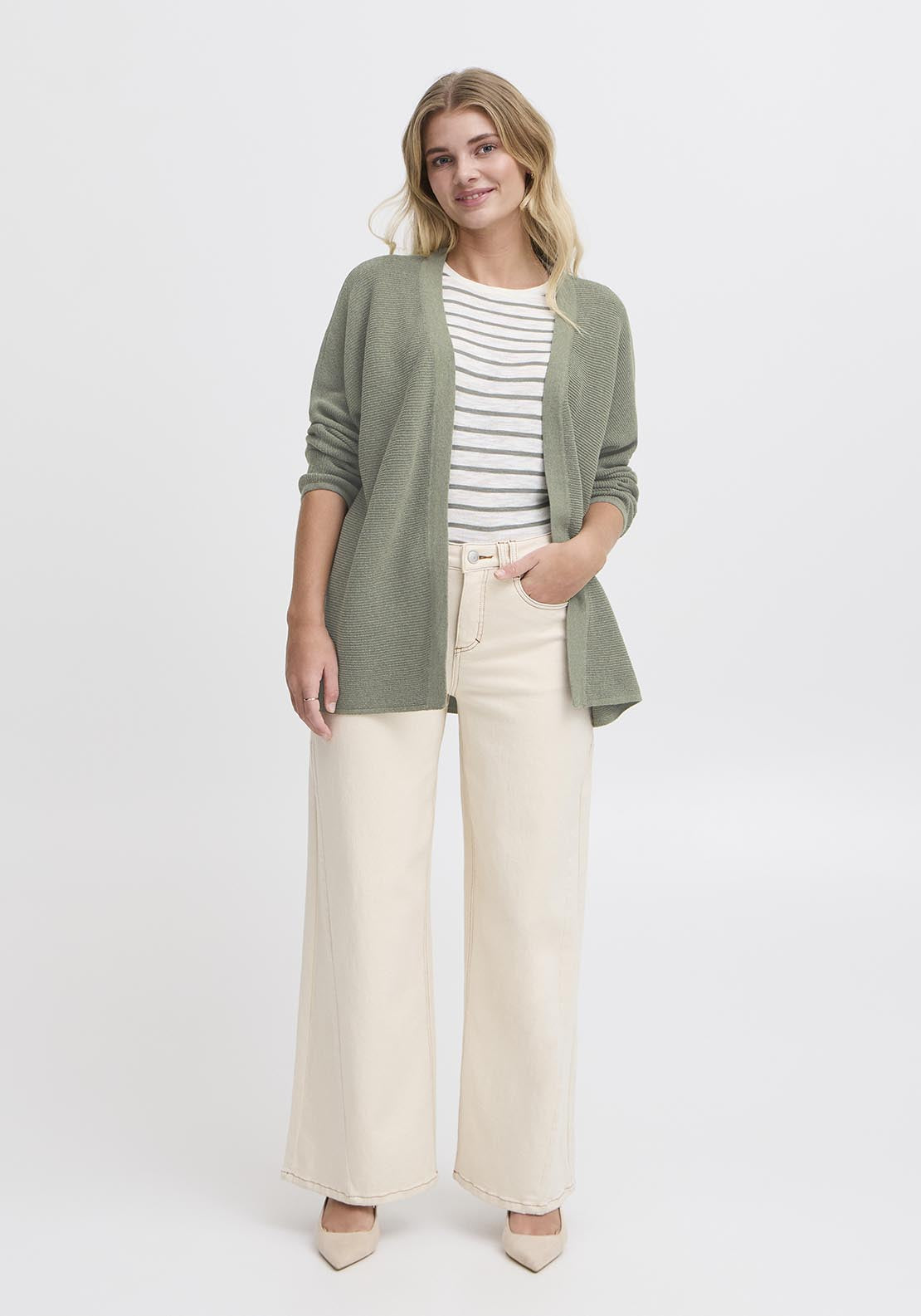 Fransa Casual Long Sleeve Knit Cardigan - Agave Green 2 Shaws Department Stores