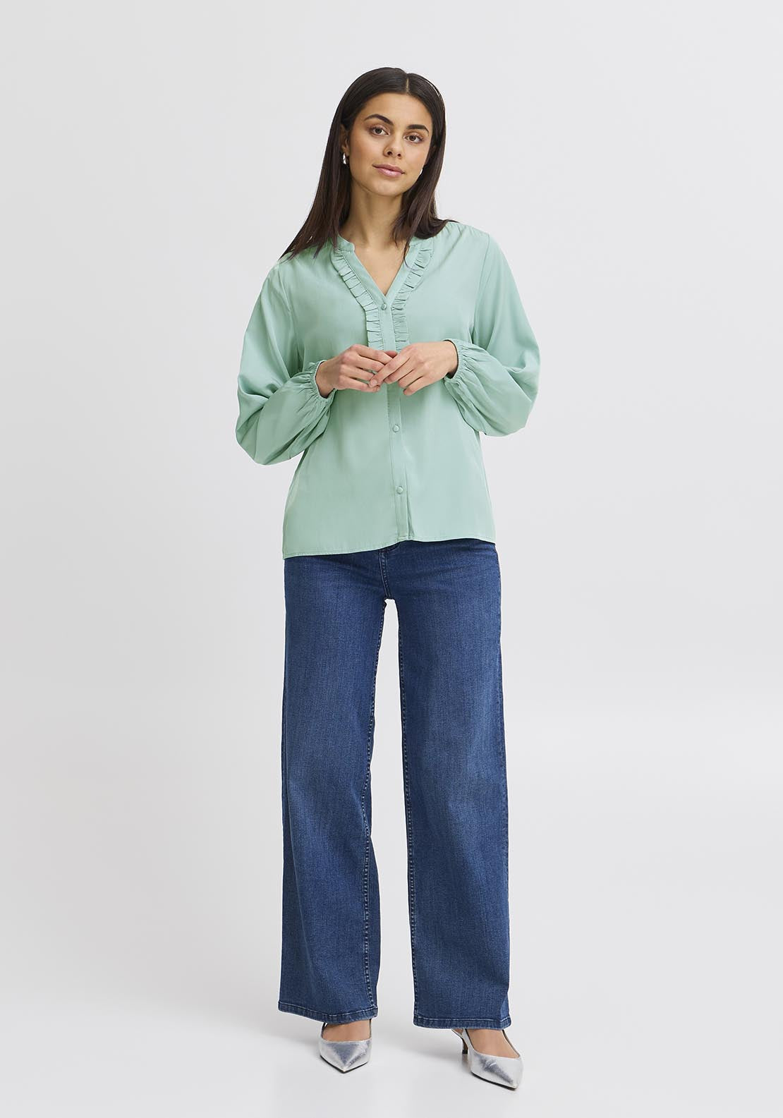 Fransa Casual Long Sleeve Woven Shirt - Aquifer 1 Shaws Department Stores