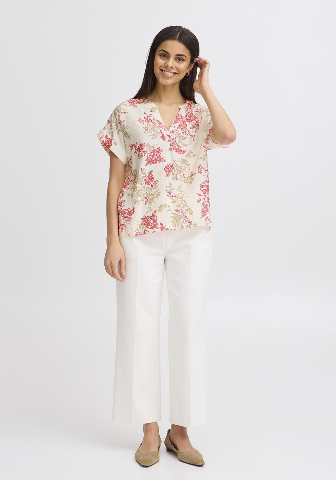 Fransa Casual Short Sleeve Blouse - White Floral Print 1 Shaws Department Stores