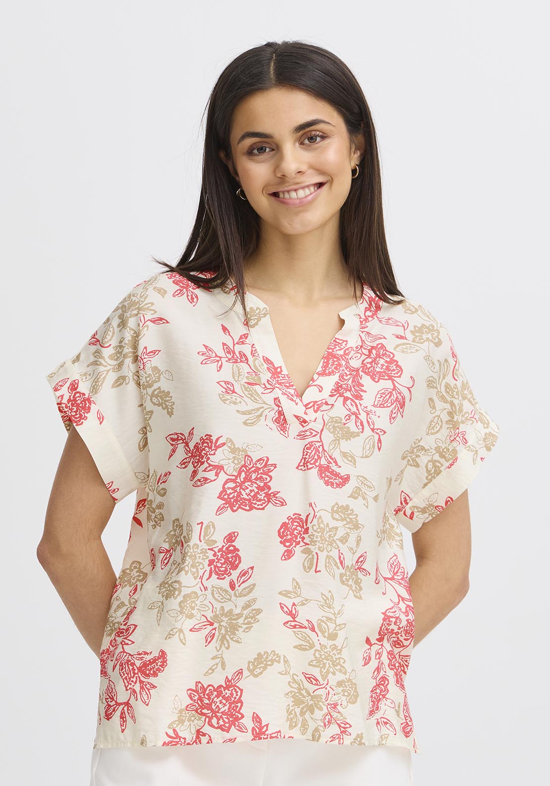 Fransa Casual Short Sleeve Blouse - White Floral Print 2 Shaws Department Stores