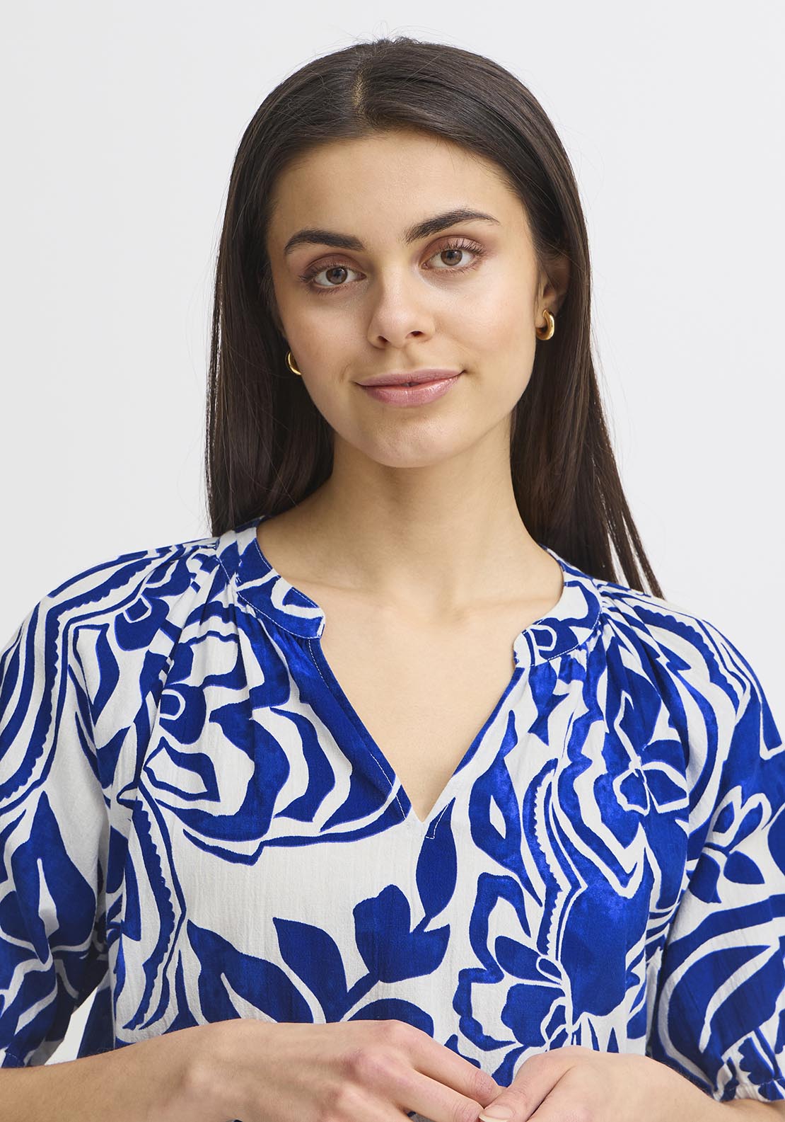 Fransa Short Sleeve Blouse - Blue Lolite Art 3 Shaws Department Stores