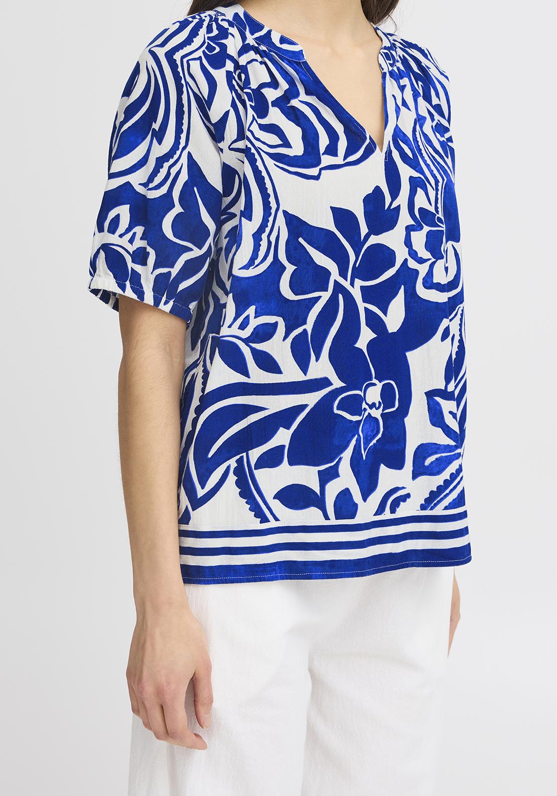 Fransa Short Sleeve Blouse - Blue Lolite Art 5 Shaws Department Stores