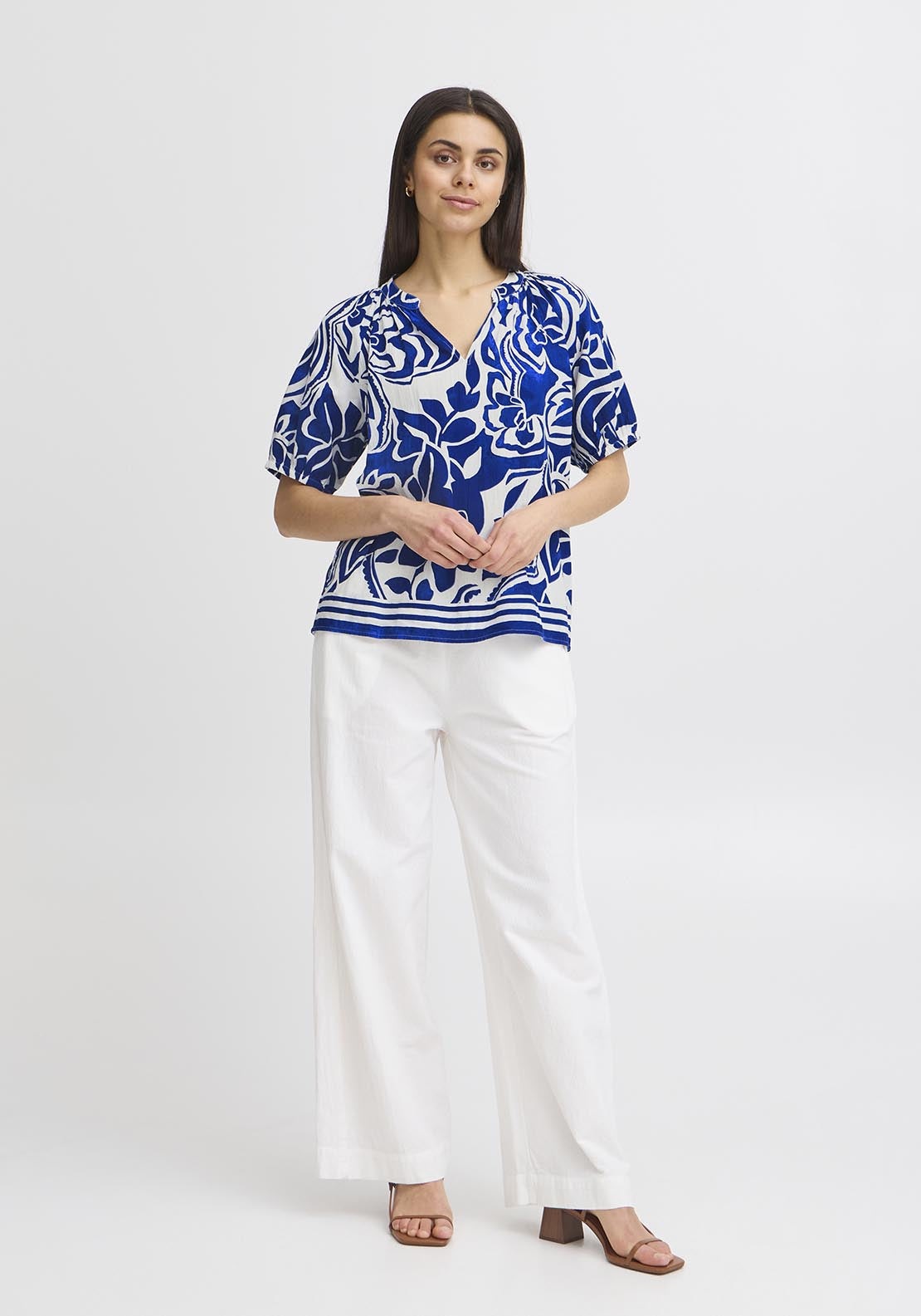 Fransa Short Sleeve Blouse - Blue Lolite Art 1 Shaws Department Stores