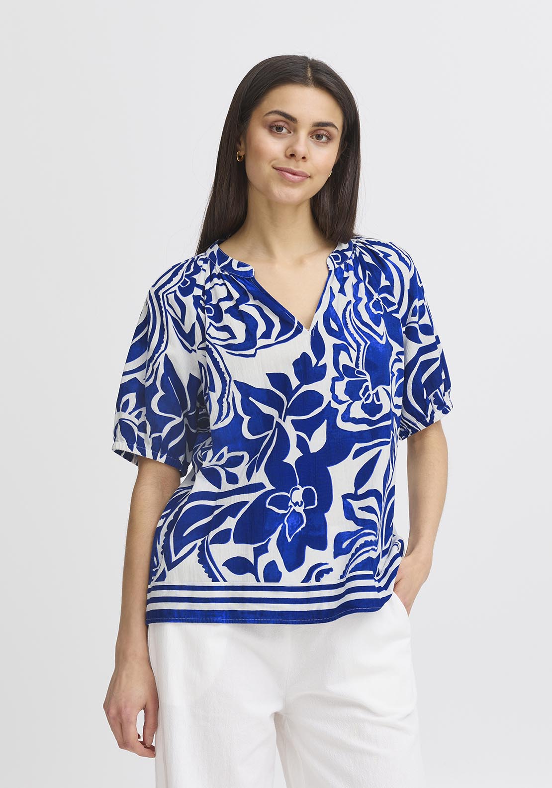 Fransa Short Sleeve Blouse - Blue Lolite Art 2 Shaws Department Stores