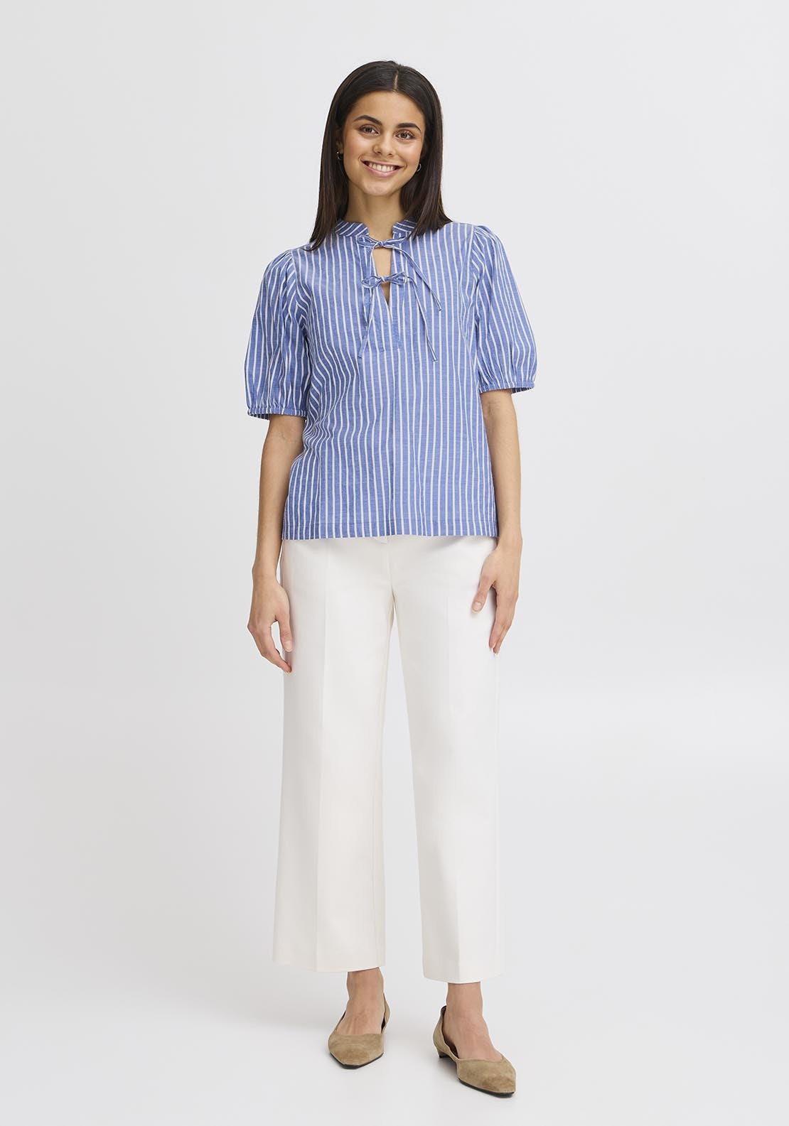 Fransa Casual Short Sleeve Blouse - Blue 1 Shaws Department Stores
