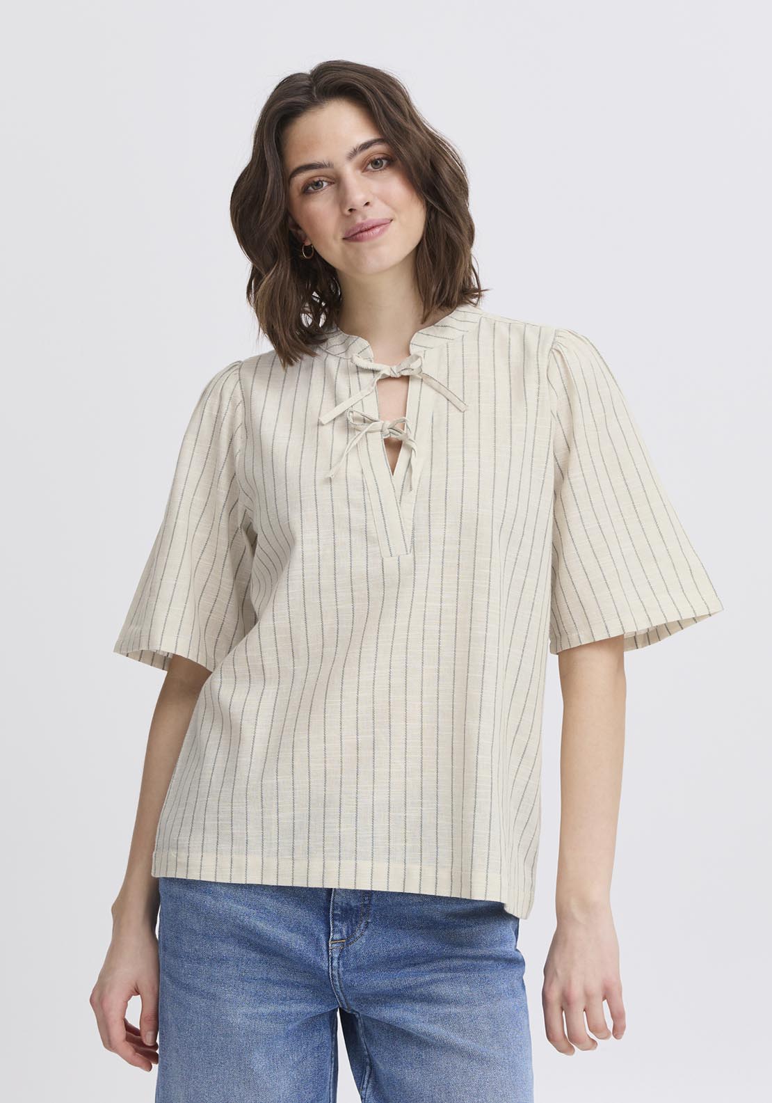 Fransa Casual Short Sleeve Blouse - Agave Green Melange Stripes 1 Shaws Department Stores