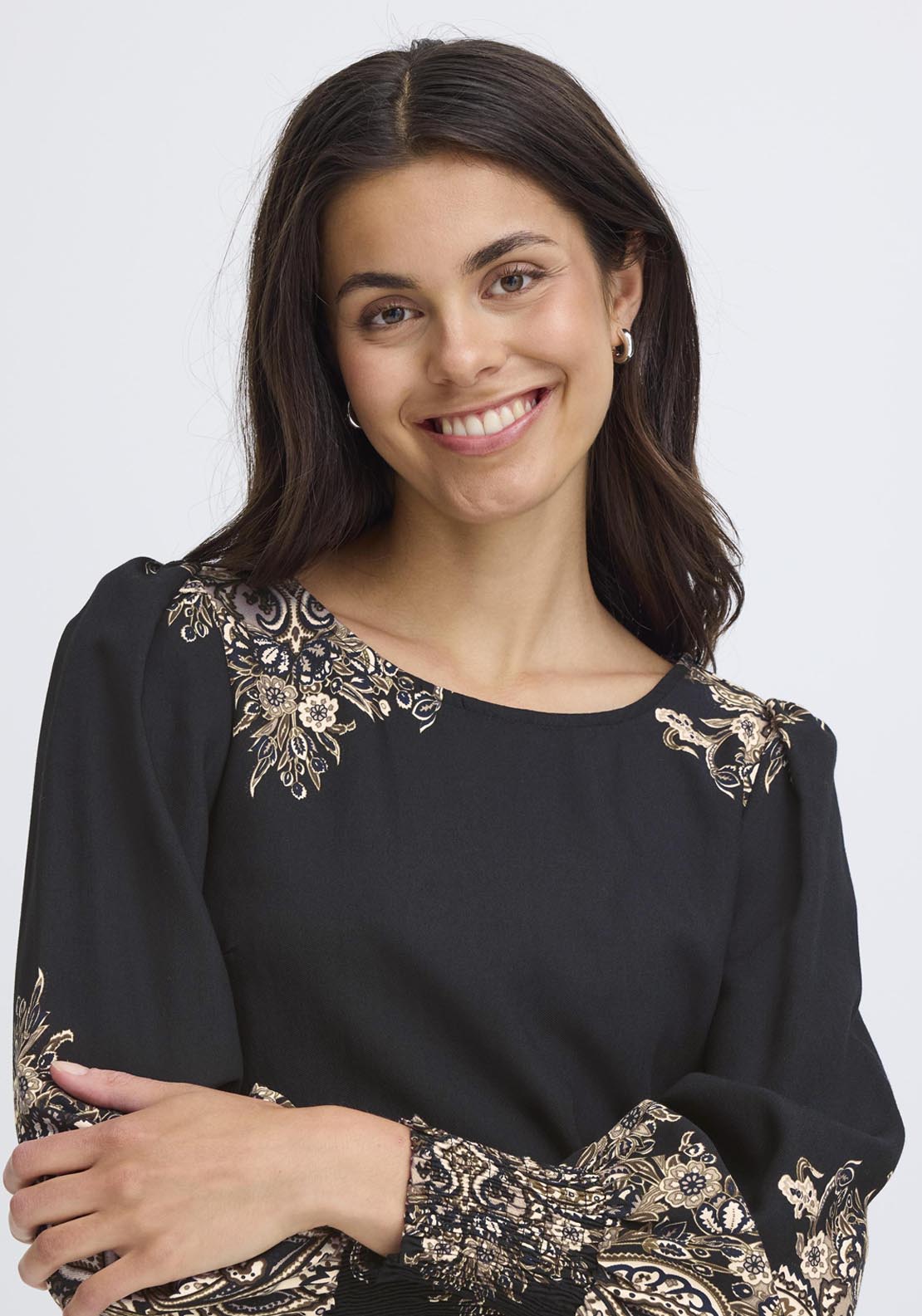 Fransa Long Sleeve Blouse - Black Paisley 3 Shaws Department Stores