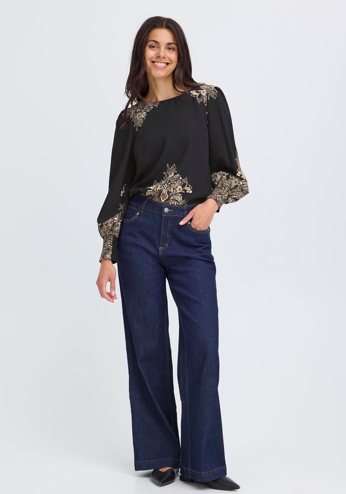 Fransa Long Sleeve Blouse - Black Paisley 5 Shaws Department Stores