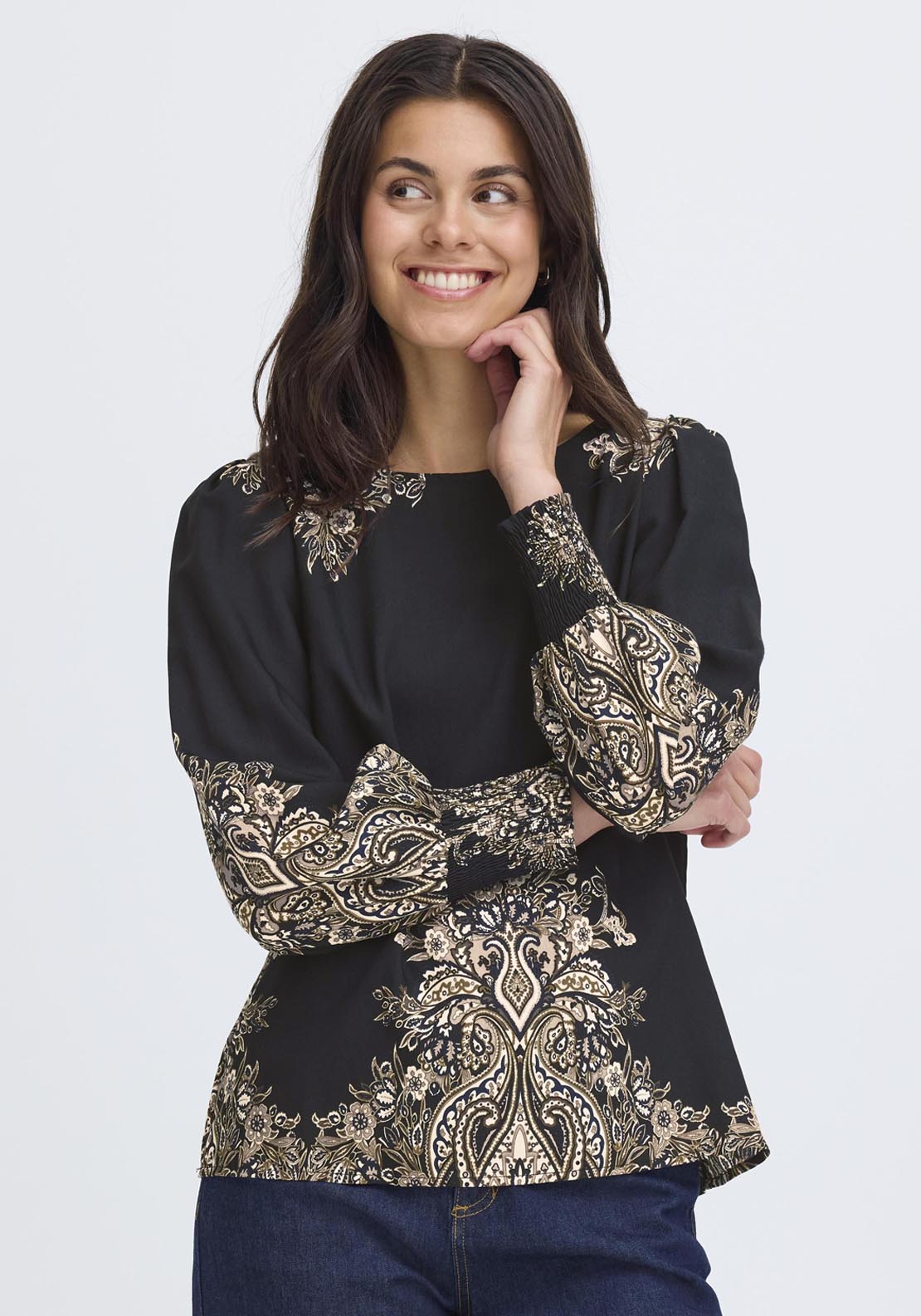 Fransa Long Sleeve Blouse - Black Paisley 1 Shaws Department Stores