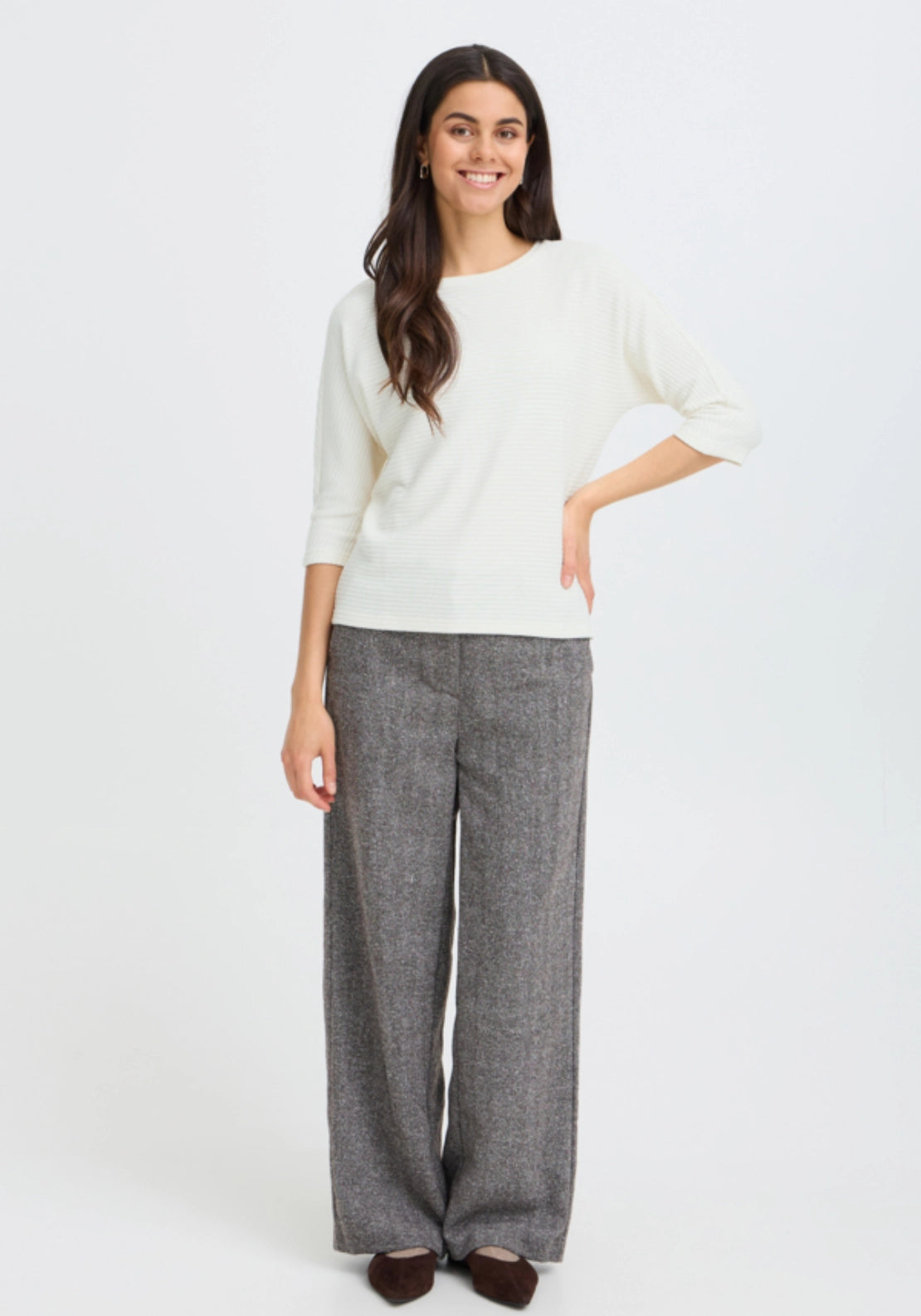 Mid Sleeve Ribbed Top - White