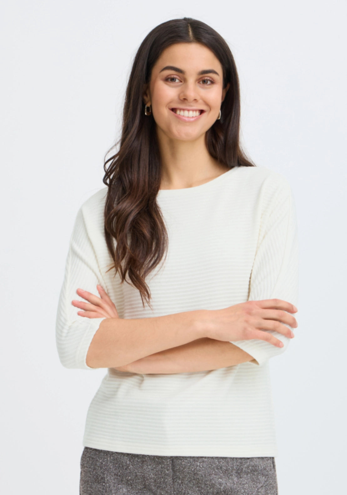 Mid Sleeve Ribbed Top - White