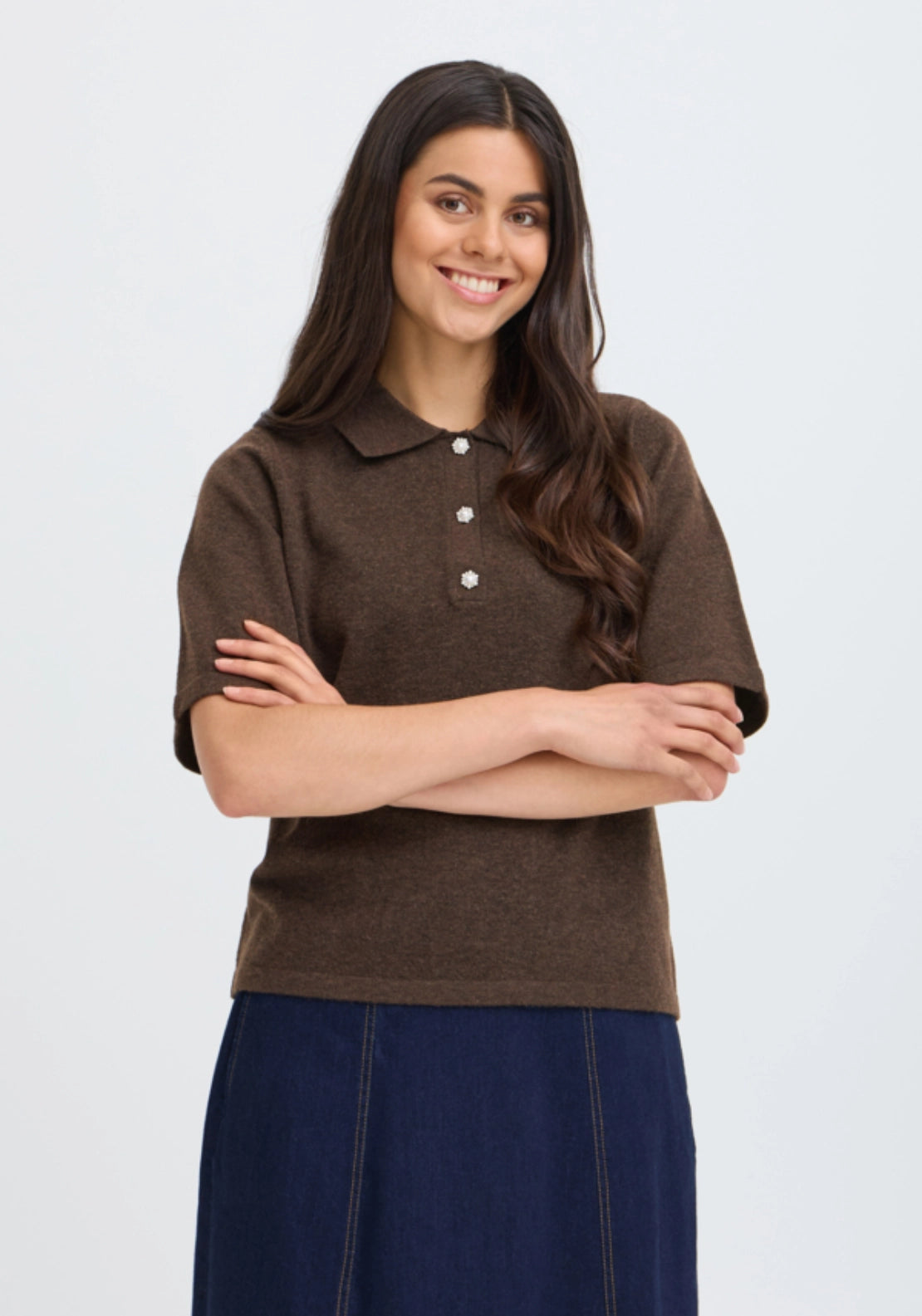 Flower Button T-Shirt - Hot Fudge Melange