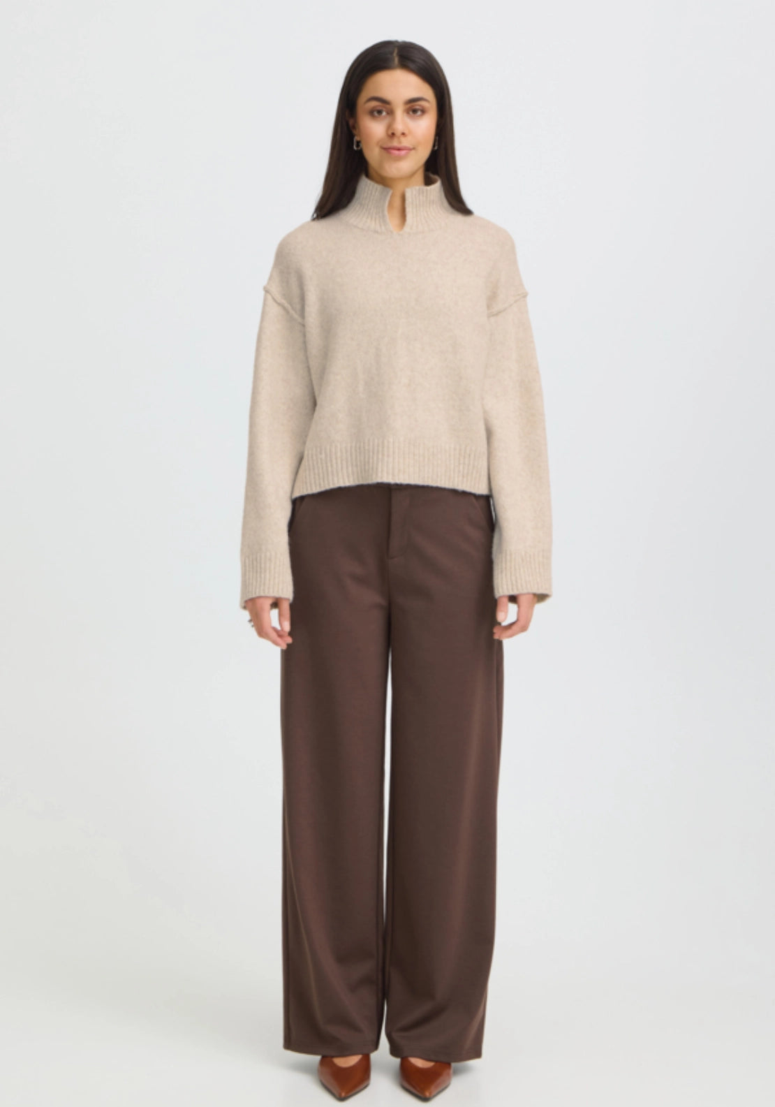 High Neck Knit Pullover - Oatmeal Melange