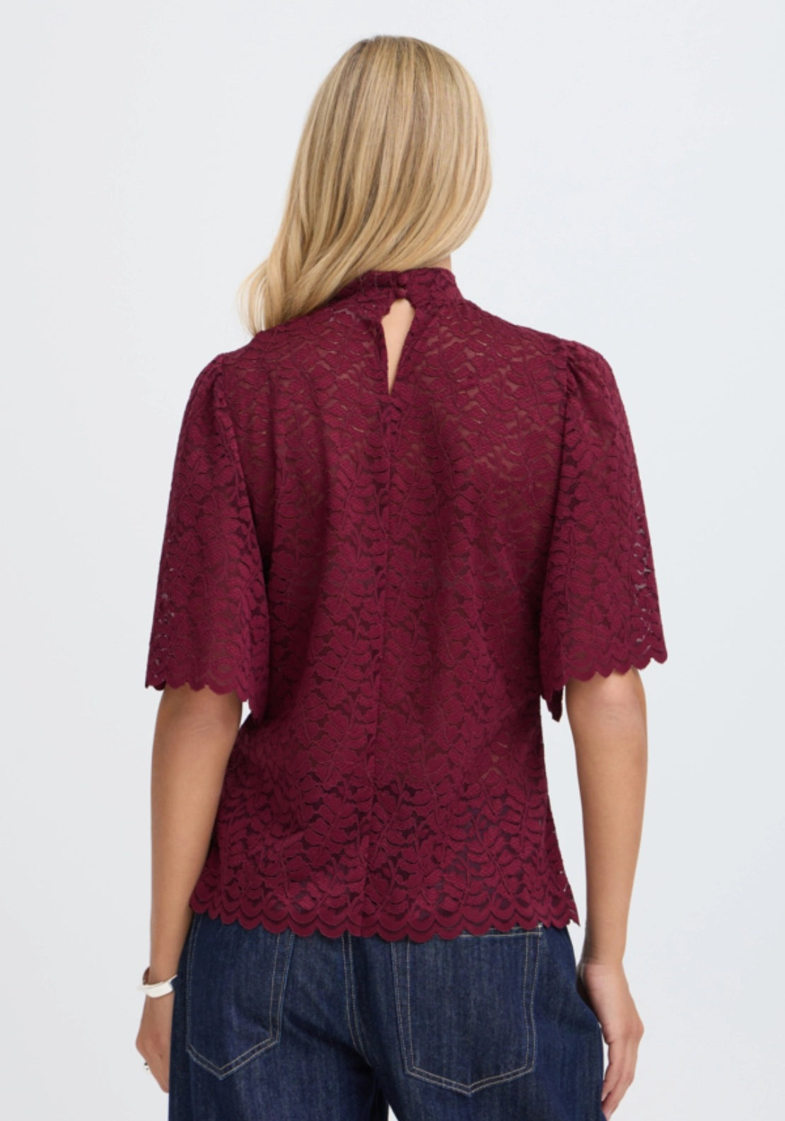 Scallop Hem Lace T-Shirt - Red