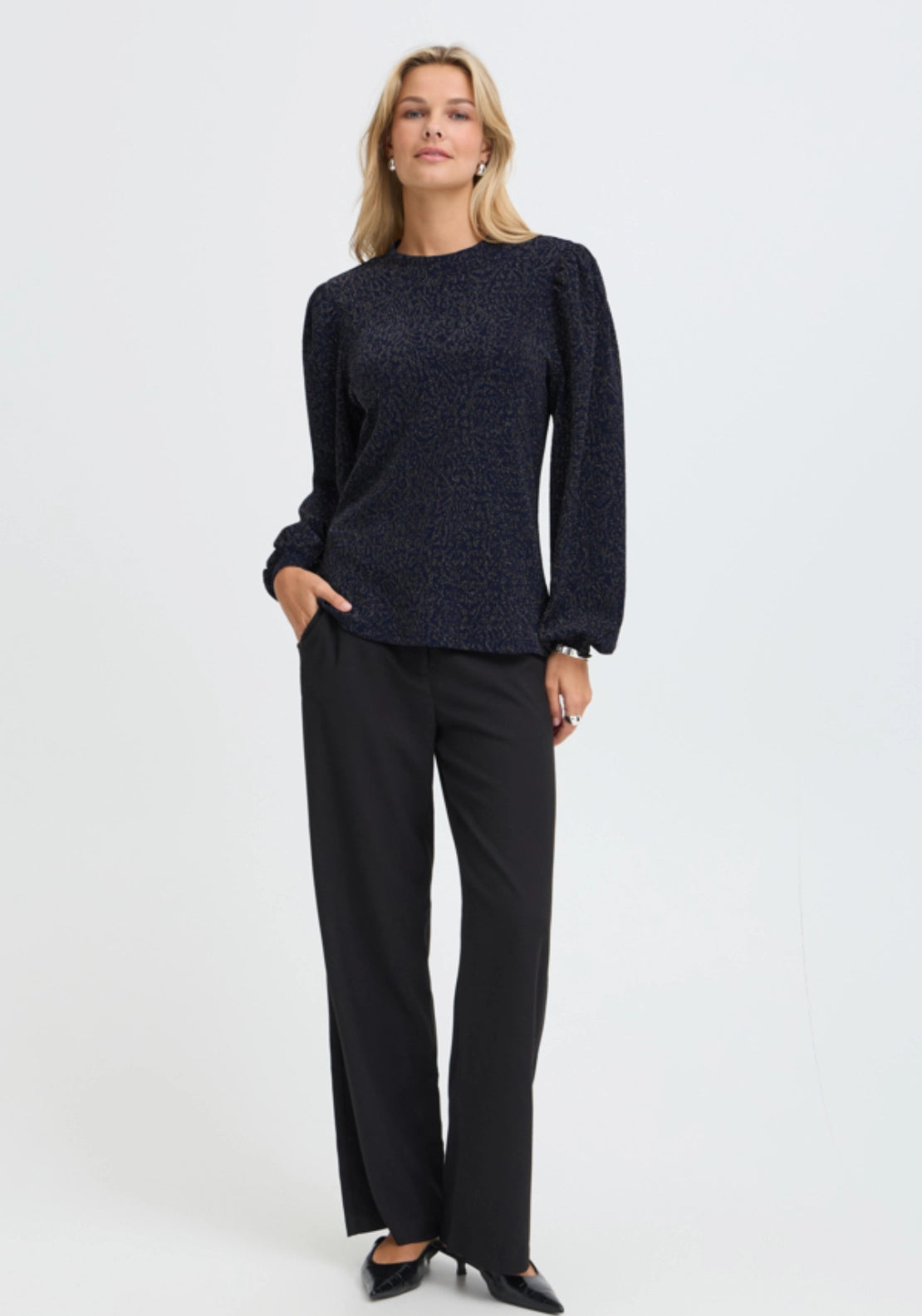 Long Sleeve Sparkle Top - Navy Blazer/silver