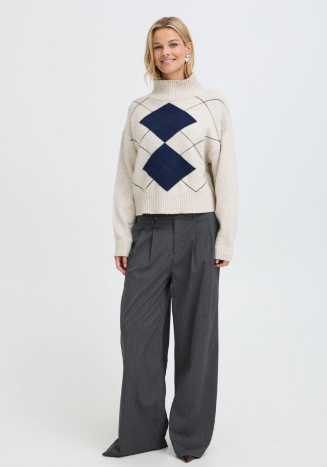 Abstract Polo Jumper - Oatmeal Melange Check