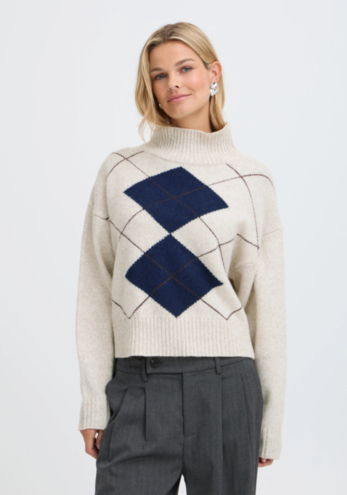 Abstract Polo Jumper - Oatmeal Melange Check
