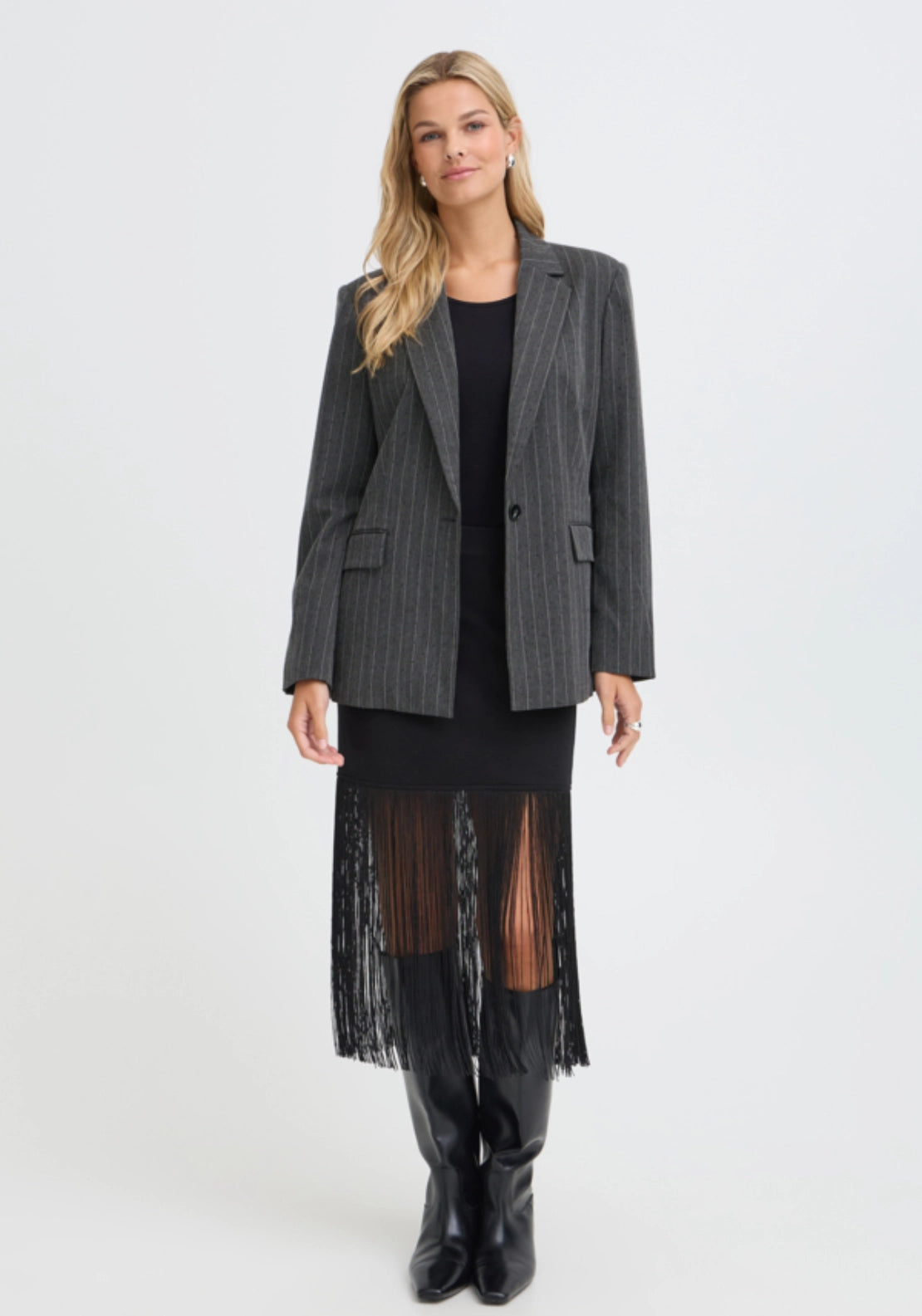 Pinstripe Suit Blazer - Gray Houndtooth W. Rhinestone