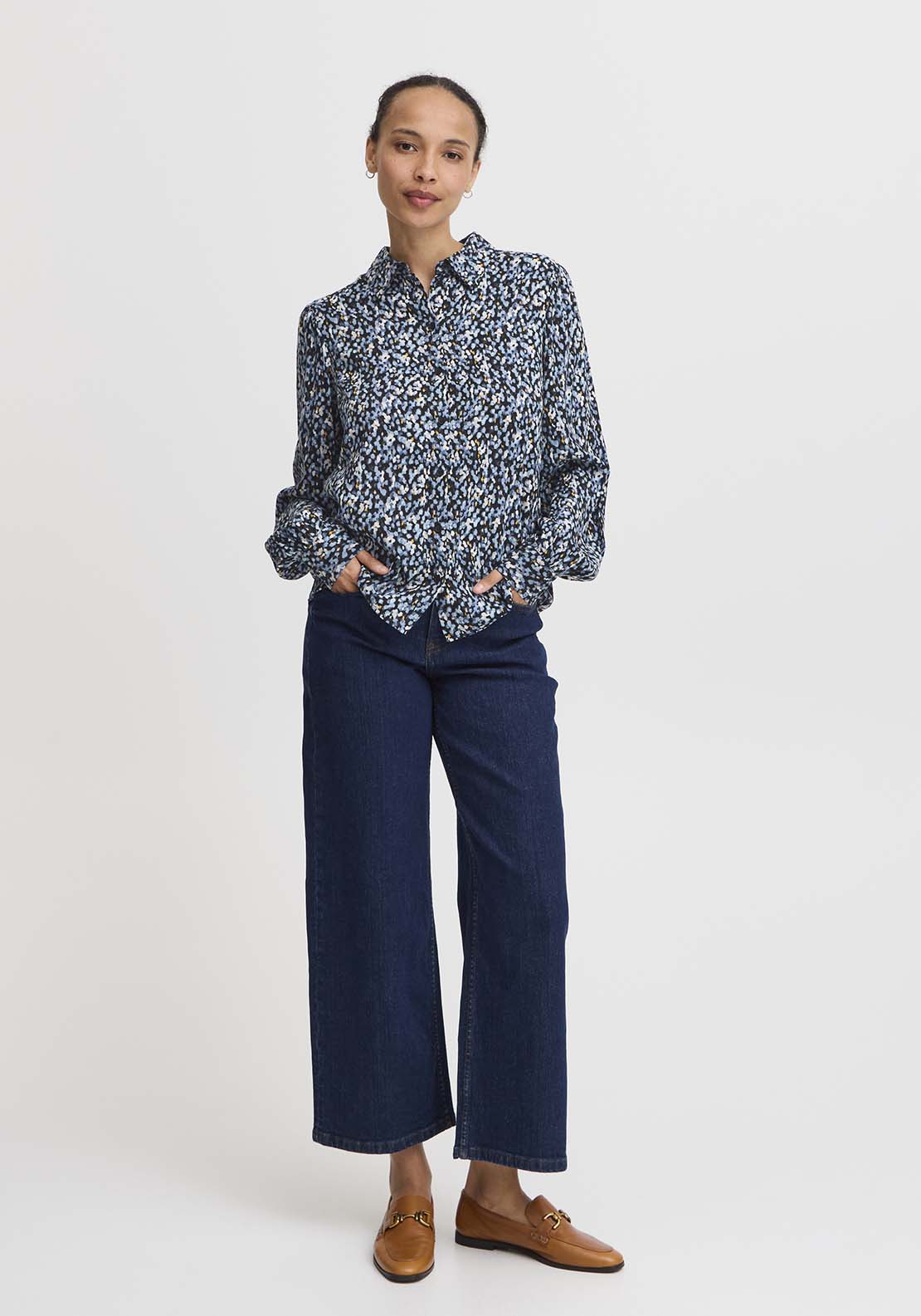 B Young Josa Puff Shirt - Dusty Blue Flower Mix 3 Shaws Department Stores