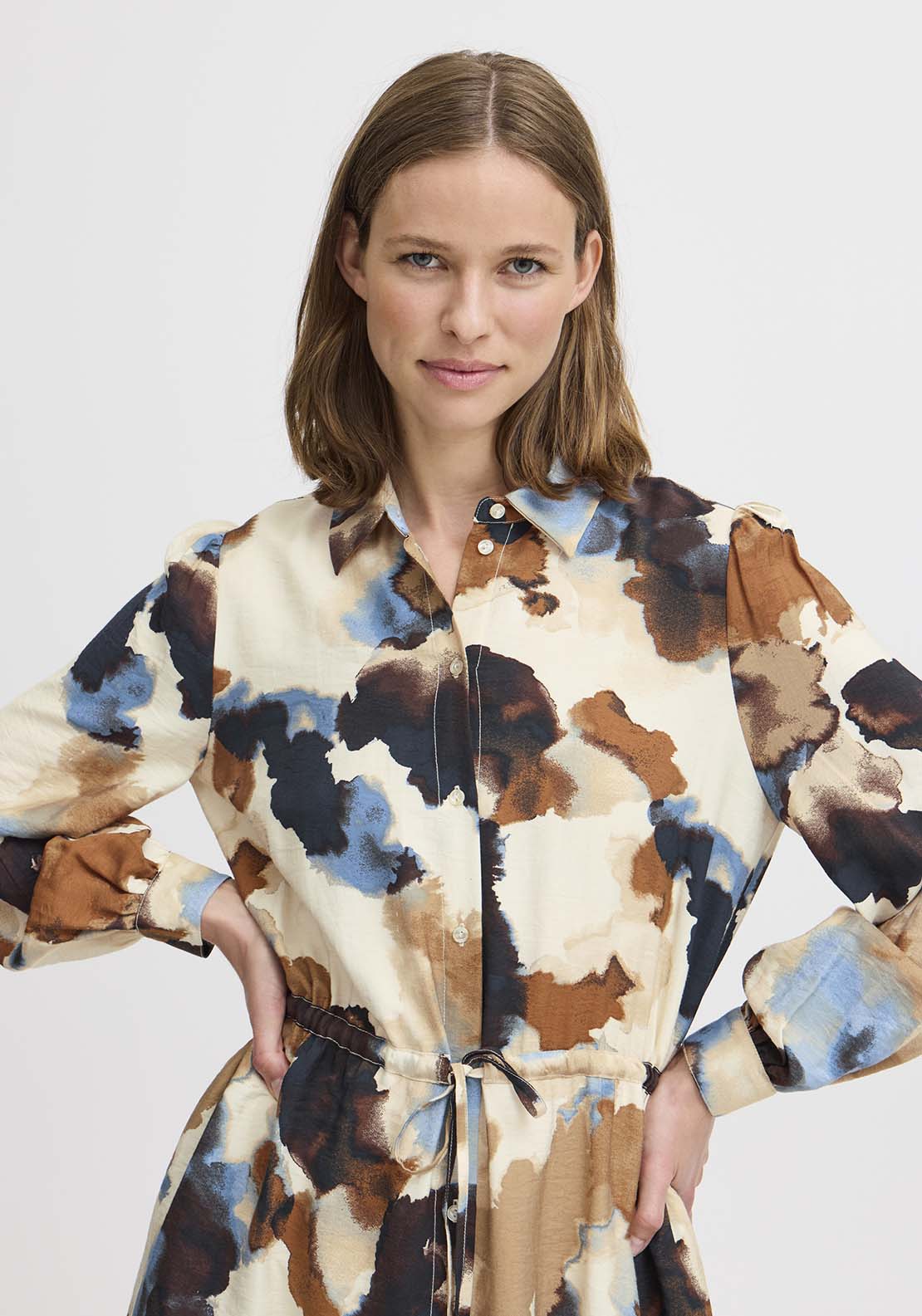 B Young Knee Length Long Sleeve Shirt Dress - Birch Watercolor Mix 4 Shaws Department Stores