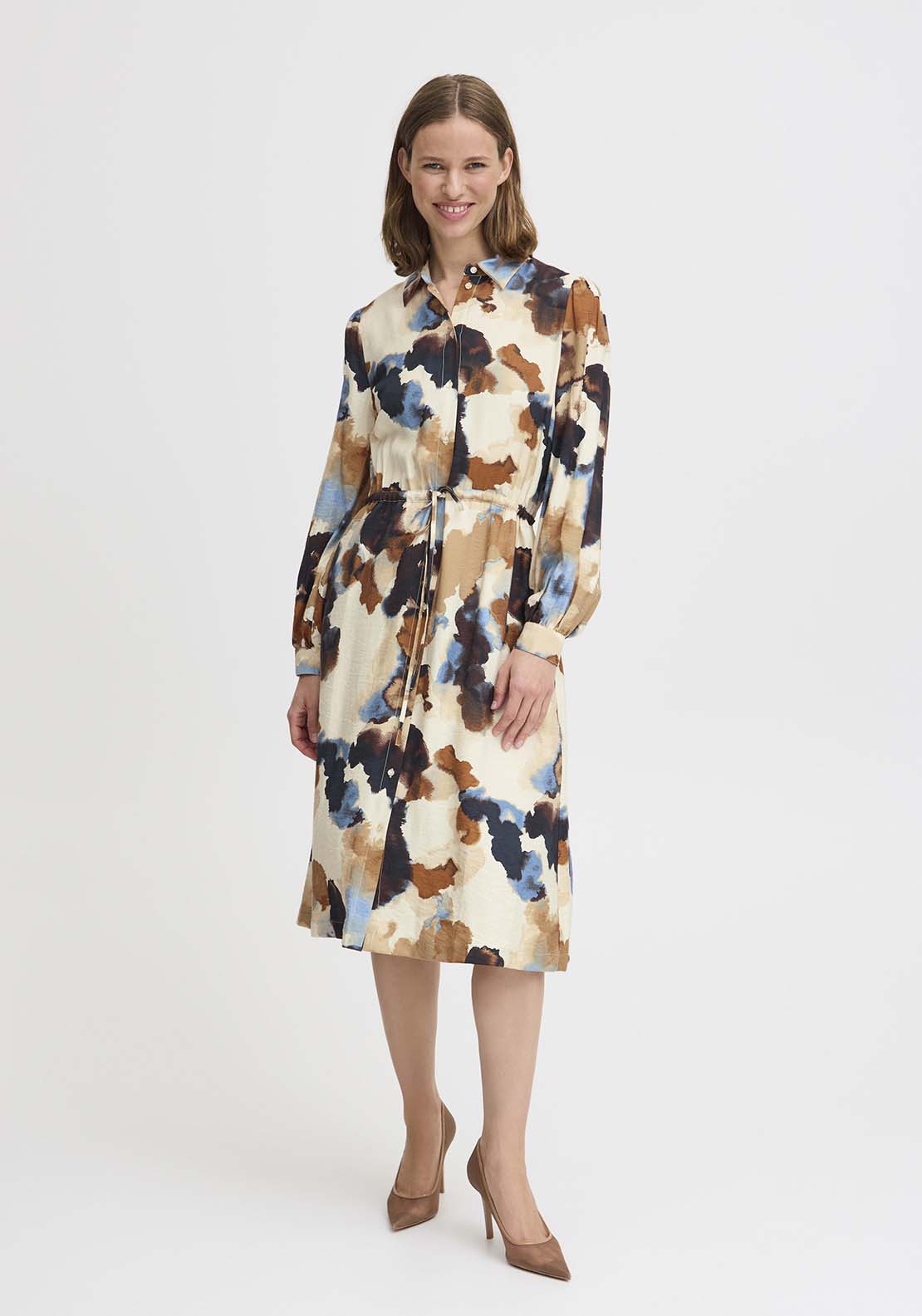 B Young Knee Length Long Sleeve Shirt Dress - Birch Watercolor Mix 1 Shaws Department Stores