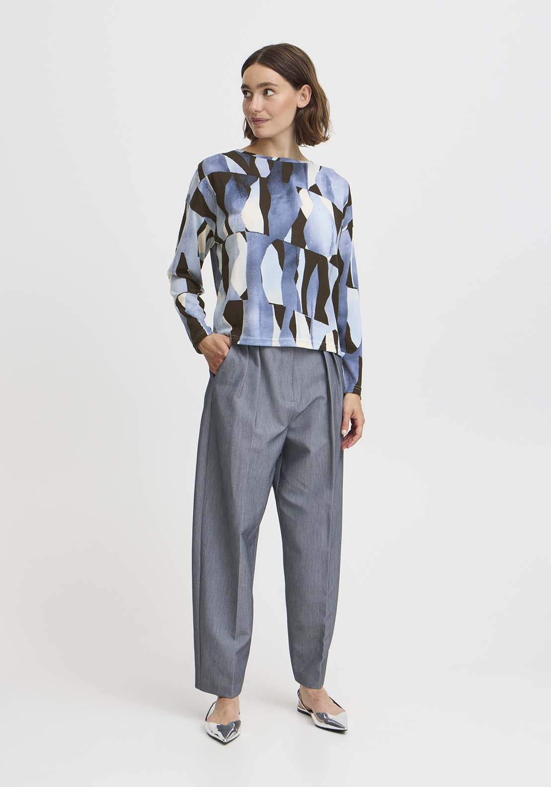B Young Pieta Crew T-Shirt - Dusty Blue Abstract Mix 5 Shaws Department Stores