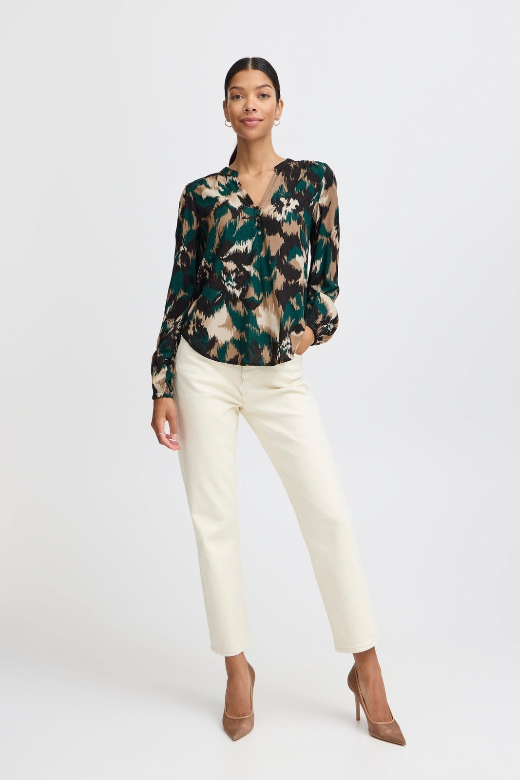 B Young Josa Long Sleeve Blouse - Sea Moss Flower Mix 5 Shaws Department Stores