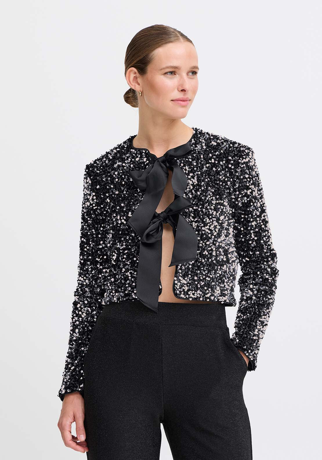 B Young Paillet Bow Jacket - Silver Sequin Mix 1 Shaws Department Stores